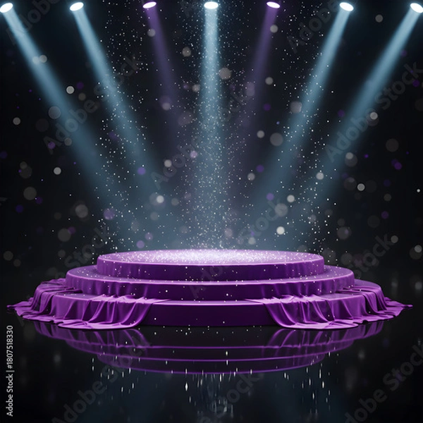 Fototapeta Glamorous Circular Pedestal with Shimmering Effect and Purple Fabric, Ideal for Awards, Cosmetics, or Luxury Brand Displays.