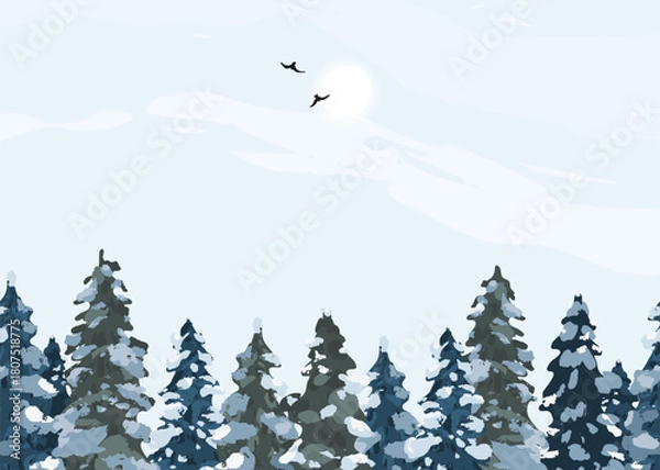 Fototapeta Winter scene with a blue sky and a snowy forest. The trees are covered in snow, and there are two birds flying in the sky