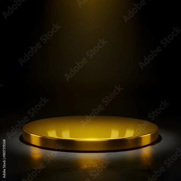 Fototapeta Simple Minimalist Circular Gold Podium Stage on a Dark Concrete Floor, Spotlighted for an Elegant Product Reveal.