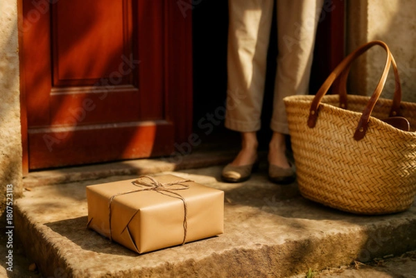 Fototapeta A parcel wrapped in craft paper lies on a stone threshold against the backdrop of a red door.