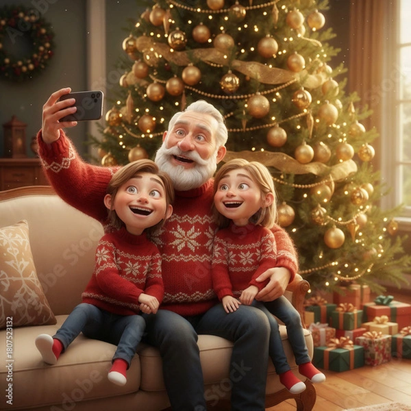 Fototapeta A grandfather, a girl, and a boy take a selfie in front of a Christmas tree. 3D illustration.