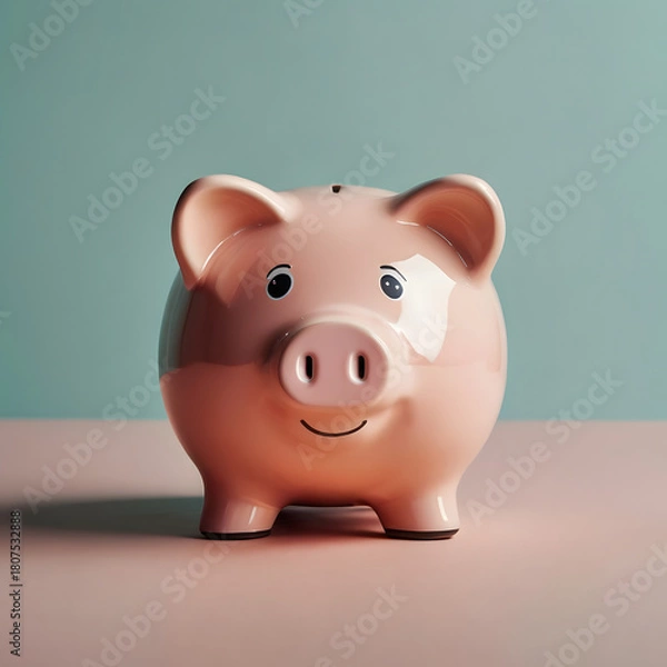 Obraz A cheerful piggy bank symbolizes savings and financial well-being, against a calm and inviting background. 