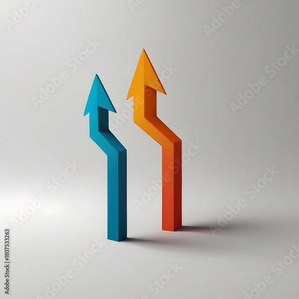 Obraz Two vibrant arrows, one blue and one orange, point upwards, symbolizing growth and progress in a modern and minimalist design. The composition speaks to concepts of direction, decision-making.