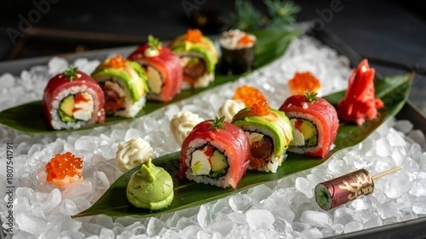 Obraz Luxurious sushi platter featuring tuna avocado rolls served on banana leaves and ice