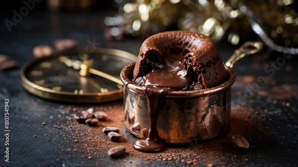Obraz Decadent chocolate lava cake spilling melted fudge in a copper ramekin next to a clock