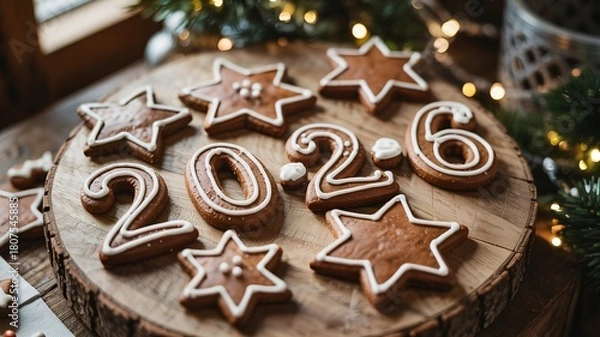 Obraz Assortment of freshly baked gingerbread cookies decorated with white icing for the new year
