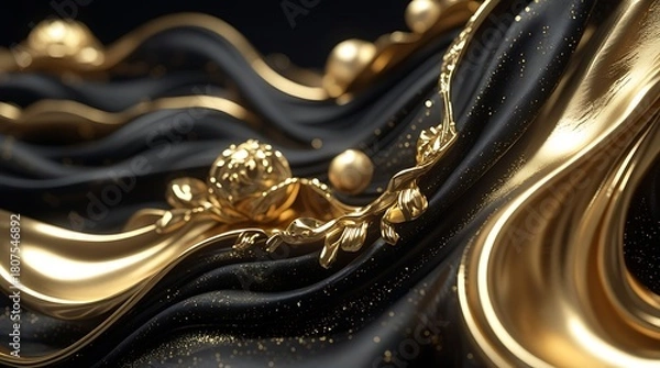 Obraz Luxury 3D render of a golden metallic flower or lotus on a flowing black silk background