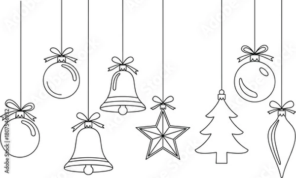 Obraz Minimalist Christmas Ornaments Line Art Set: Hanging Outline Icons of Holiday Balls, Bells, Star, and Tree with Ribbon Bows for Festive Vector Illustration