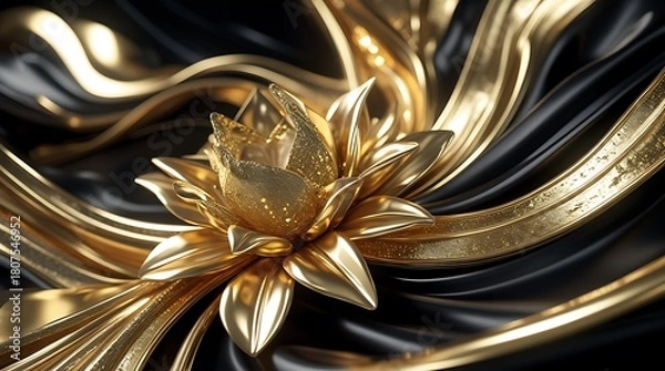 Obraz Luxury 3D render of a golden metallic flower or lotus on a flowing black silk background