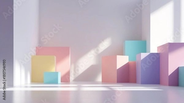 Obraz Minimalist 3D render of pastel geometric shapes, abstract modern background, light and shadow