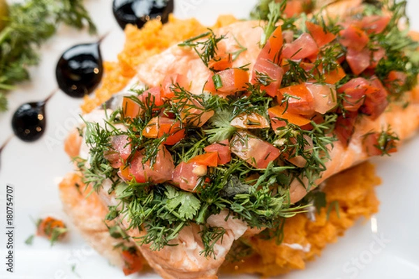 Fototapeta Grilled Salmon with fresh lettuce and mash potatoes