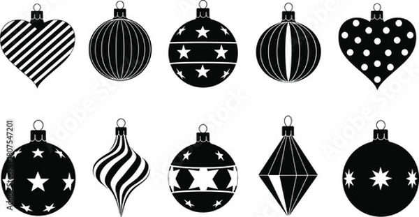 Obraz Black and White Christmas Ornament Icons Set: Collection of Decorative Holiday Balls, Hearts, and Unique Shapes for Seasonal Design and Vector Graphic Illustration