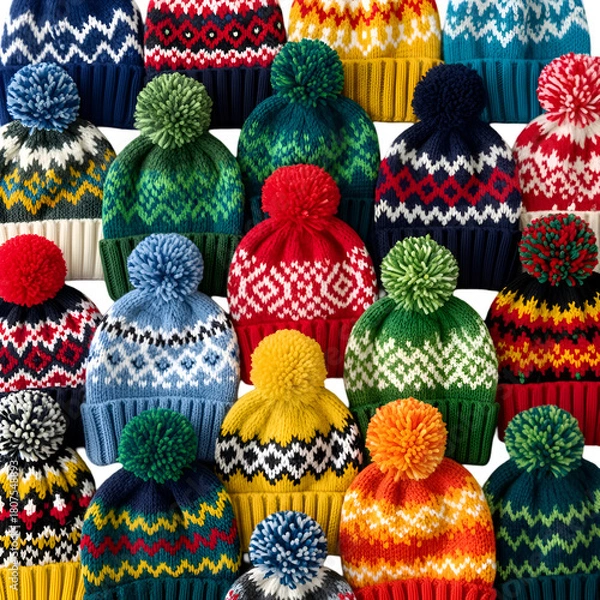 Fototapeta Colorful Knitted Winter Hats Collection