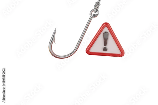 Fototapeta Avoid phishing scams with caution, a warning sign on a hook symbolizes online threat awareness, protect your data from cybercrime, stay vigilant against fraud, and secure your digital identity