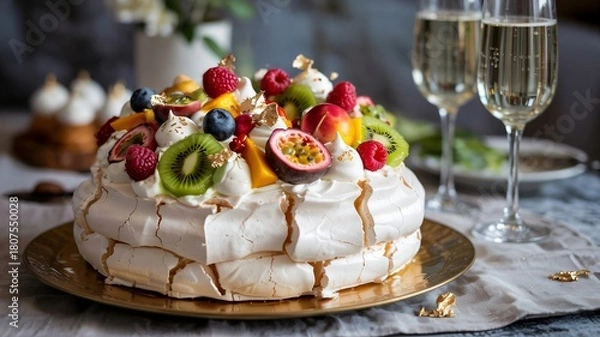Obraz Perfectly formed pavlova meringue topped with fresh fruit and edible gold leaf