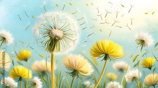 Fototapeta Minimal abstract Dandelion background with clean flowing lines, matte yellow gradients, and gentle radiant edges for a fresh, contemporary aesthetic