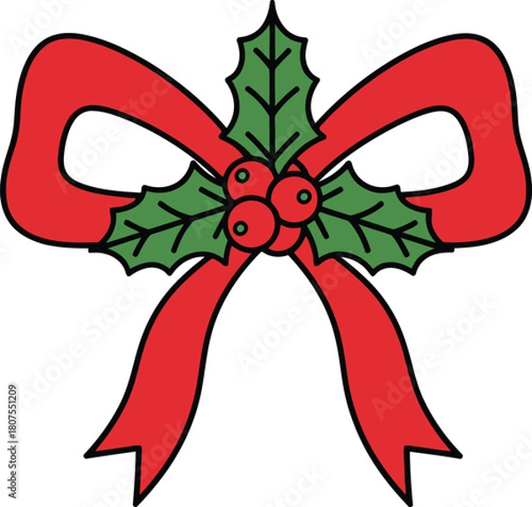 Obraz Festive red Christmas bow with holly and berries icon Clip Art Vector illustration