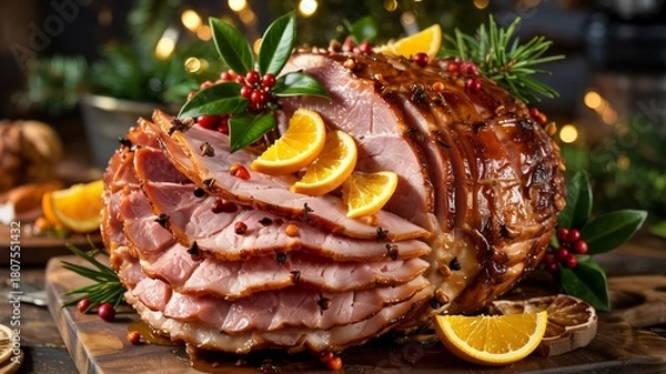 Obraz Perfectly roasted Christmas ham glazed with cloves oranges and holiday garnish