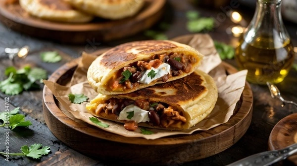 Obraz Perfectly sliced Venezuelan or Colombian arepa stuffed with beans and sour cream