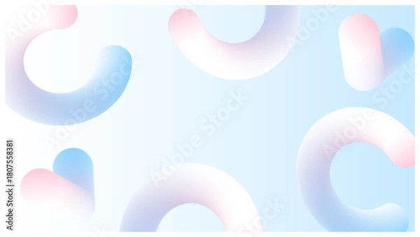 Obraz ポップで可愛いグラデーションで、立体的な図形のメンフィス風フレーム背景 (淡い水色と白)	