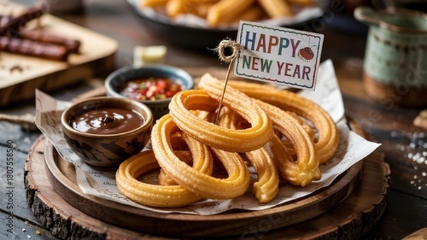Fototapeta Plate of freshly made churros with chocolate dipping sauce and a happy new year sign