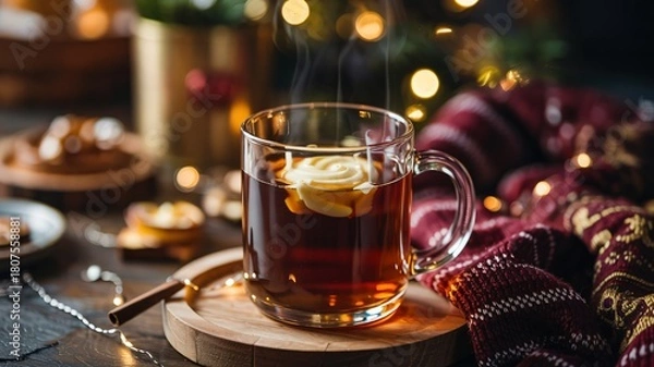 Obraz Steaming mug of hot buttered rum or dark tea with a melting pat of butter