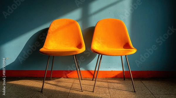 Obraz Two bright orange modern plastic chairs with slender metal legs positioned side by side against a blue wall with a red baseboard illuminated by soft natural light on tiled floor