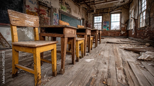 Obraz Abandoned classroom with old wooden desks and chairs in a dilapidated building featuring peeling paint, broken windows, graffiti walls, and debris scattered on wooden floorboards.
