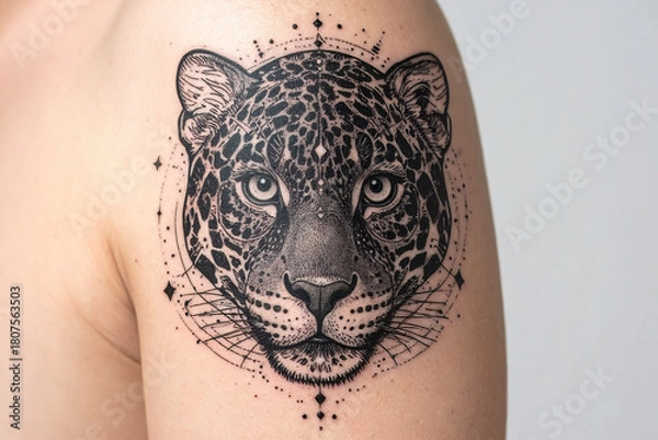 Fototapeta Realistic black-ink leopard head tattoo with detailed fur texture, striking eyes and fine dot-shaded contours for a bold wildlife look.