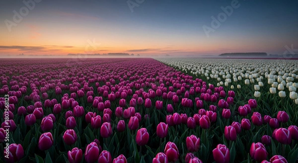 Obraz Vast field with pink and white tulip rows under colorful sky at dawn, showcasing beauty of nature, tranquility, perfect for floral designs and serenity