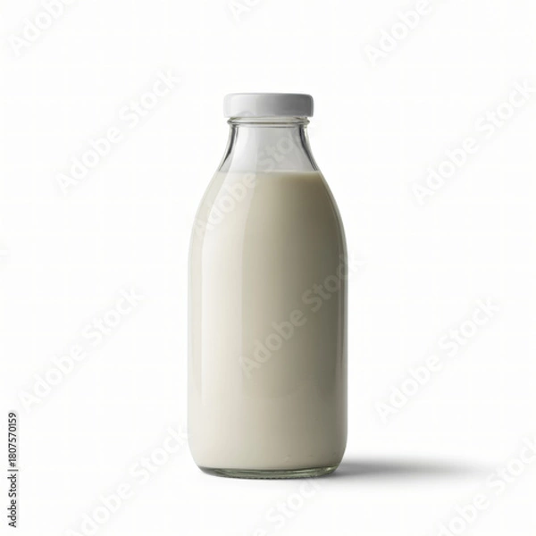 Fototapeta Creamy white milk bottle with metal cap isolated on clean light background for packaging presentation