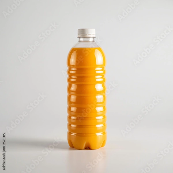 Fototapeta Bright orange juice bottle with ribbed plastic design and white cap isolated on studio background for packaging