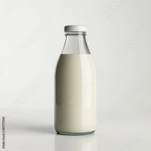 Fototapeta Glass milk bottle with white cap isolated on clean minimalist studio background for packaging use