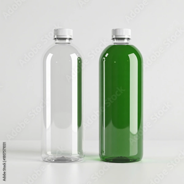 Fototapeta Two transparent bottles with one clear liquid and one green liquid isolated on bright studio background