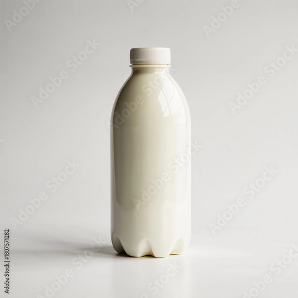 Fototapeta White plastic milk-style bottle with screw cap isolated on clean minimalist background for packaging use