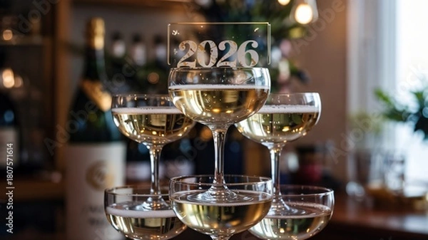 Obraz Dramatic tower of champagne coupe glasses with a 2026 sign in a festive setting
