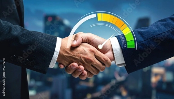 Obraz Business handshake with abstract growth chart and technology overlay. Suitable for partnership, deal, teamwork, success, agreement, networking, finance, innovation.