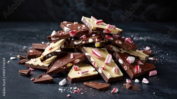 Obraz Meticulously arranged pile of dark and white peppermint bark chocolate shards