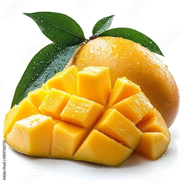 Obraz Diced Mango with Whole Mango and Green Leaves on photo White Background fruit tropical