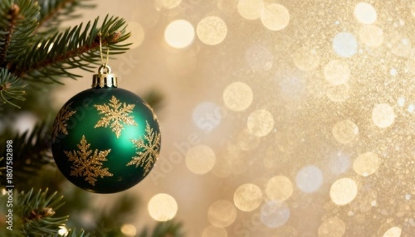 Fototapeta Festive Christmas background with hanging bauble on pine branch, magical blurred bokeh lights and empty copy space for text. Macro close-up of New Year decoration.