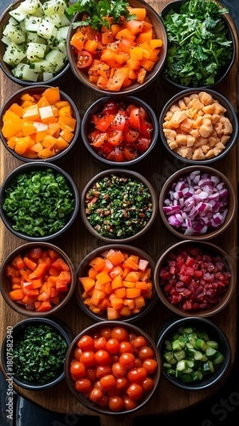 Obraz Diced Vegetables and Herbs in Bowls Salad Preparation chopped tomatoes chopped cucumber photo