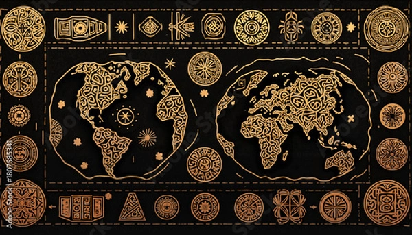 Fototapeta Ancient world map, in embossed gold and black, a historical background for travel and discovery