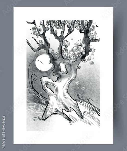 Obraz Detailed monochrome representation of tree with swirling limbs