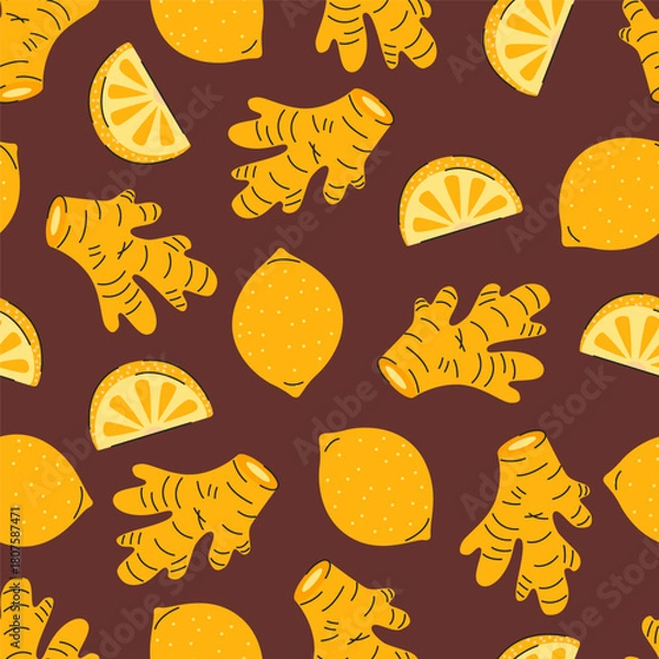 Obraz Seamless pattern with whole lemons, lemon slices, and ginger roots on brown background. Hand-drawn flat illustration.