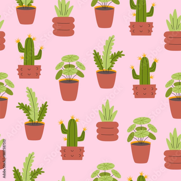 Fototapeta Seamless pattern with various potted houseplants including cacti and leafy plants on pink background. Flat hand-drawn illustration. Indoor gardening and botanical decor concept.