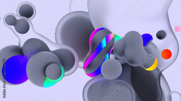 Fototapeta 3d render of abstract art video animation with surreal translucent plastic neon fluorescent purple soft bubbles spheres with glowing stripes on a grey background