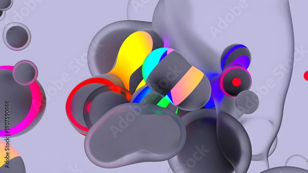 Fototapeta 3d render of abstract art video animation with surreal translucent plastic neon fluorescent purple soft bubbles spheres with glowing stripes on a grey background