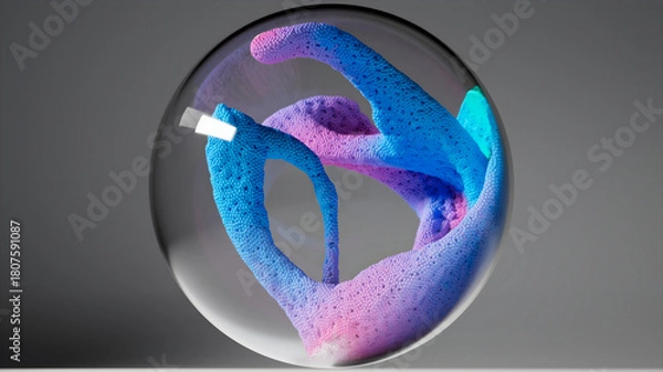 Obraz 3d render of abstract art surreal glass sphere ball with organic substance inside based on connected small balls spheres as molecular structure particles in deformation transformation process