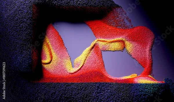Obraz 3d render of abstract art with purple surface field with purple dark particles small spheres balls emission in shape of number 01 in red yellow and dark purple mix color