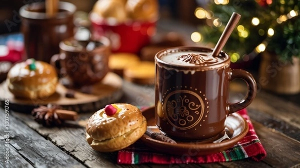 Obraz Authentic close up of Mexican hot chocolate with a spoon and festive pastry